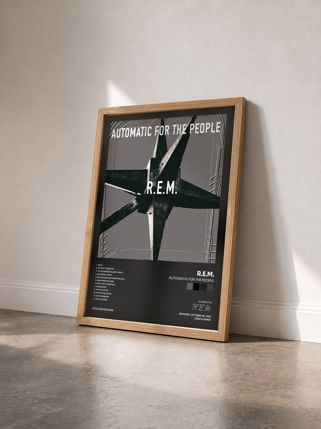 #bois Tableau de l'album Automatic For The People de R.E.M. vu de trois quarts, cadre en bois brut