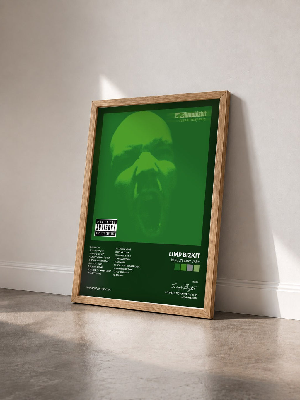 #bois Tableau de l'album Results May Vary de Limp Bizkit vu de trois quarts, cadre en bois brut
