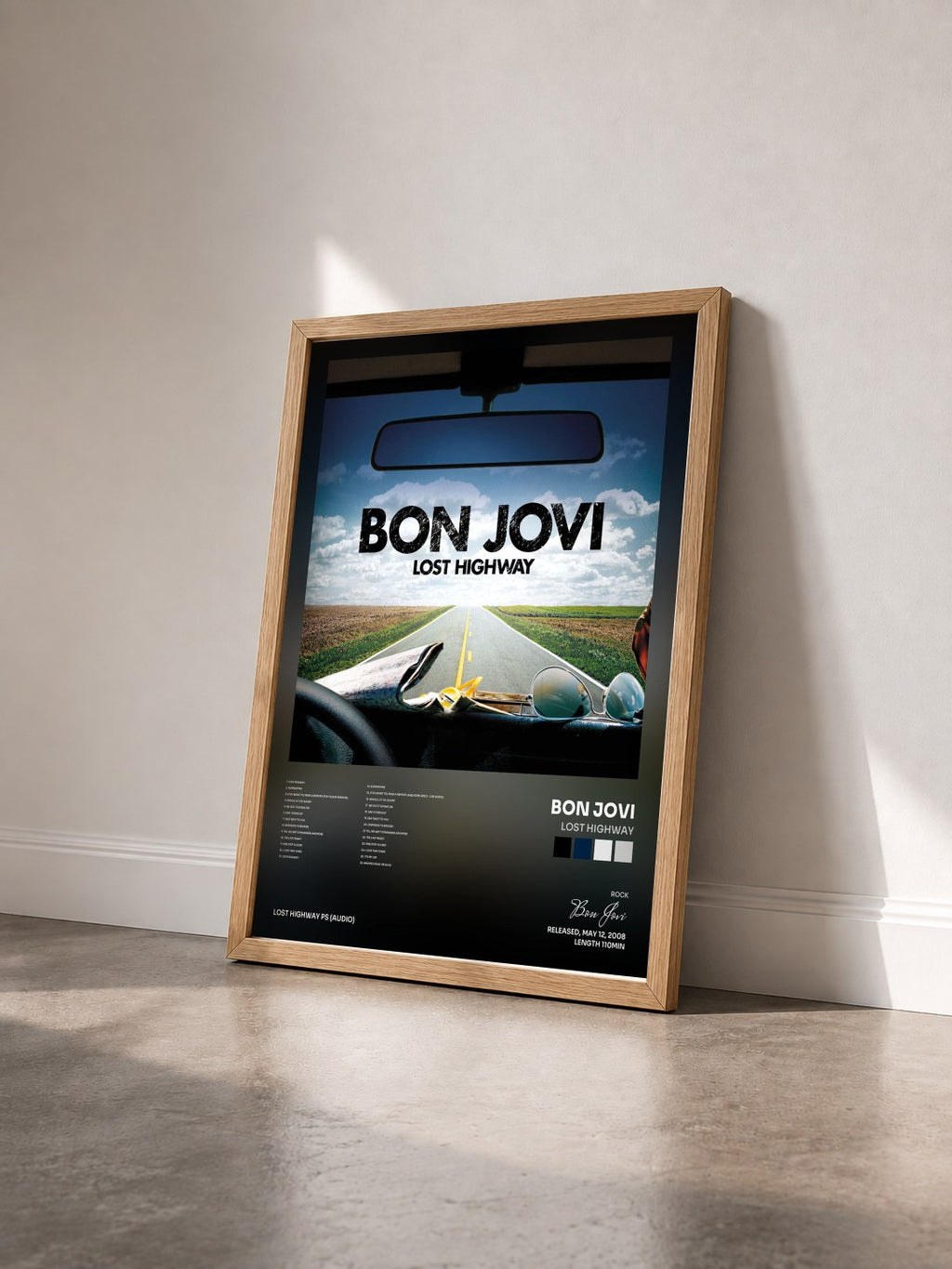 #bois Tableau de l'album Lost Highway de Bon Jovi vu de trois quarts, cadre en bois brut