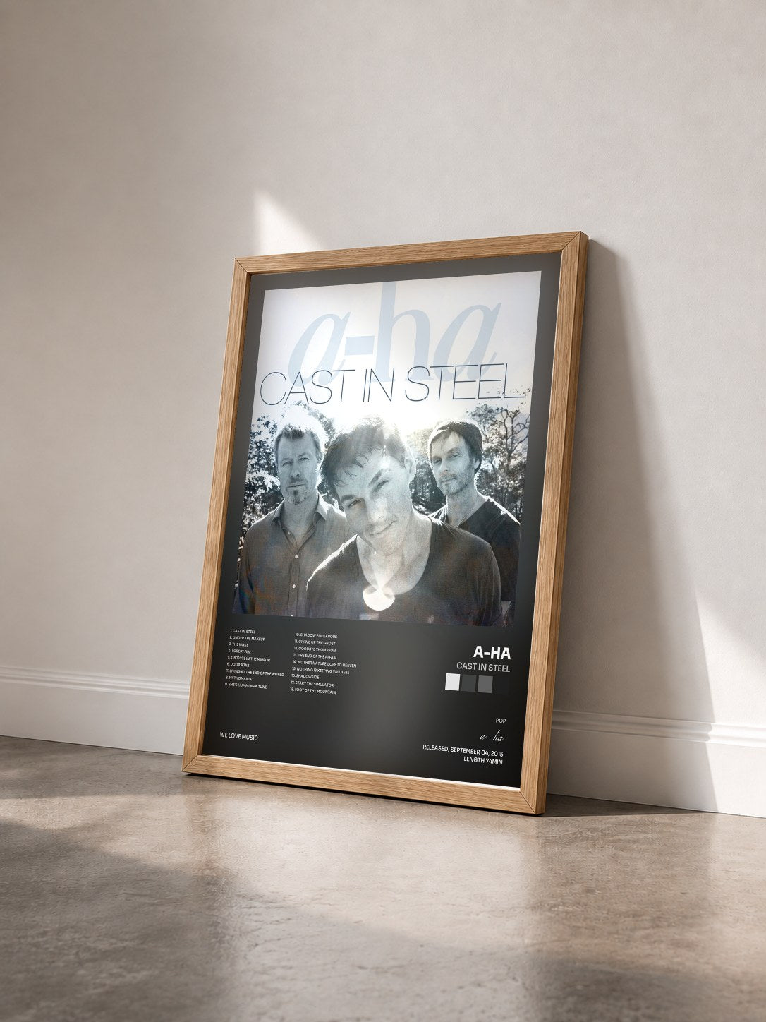#bois Tableau de l'album Cast In Steel de a-ha vu de trois quarts, cadre en bois brut