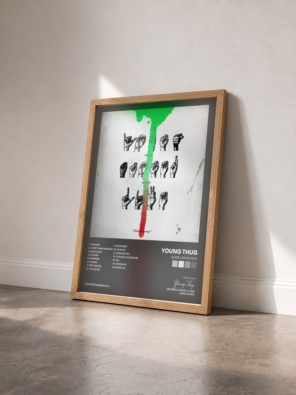 #bois Tableau de l'album Slime Language de Young Thug vu de trois quarts, cadre en bois brut