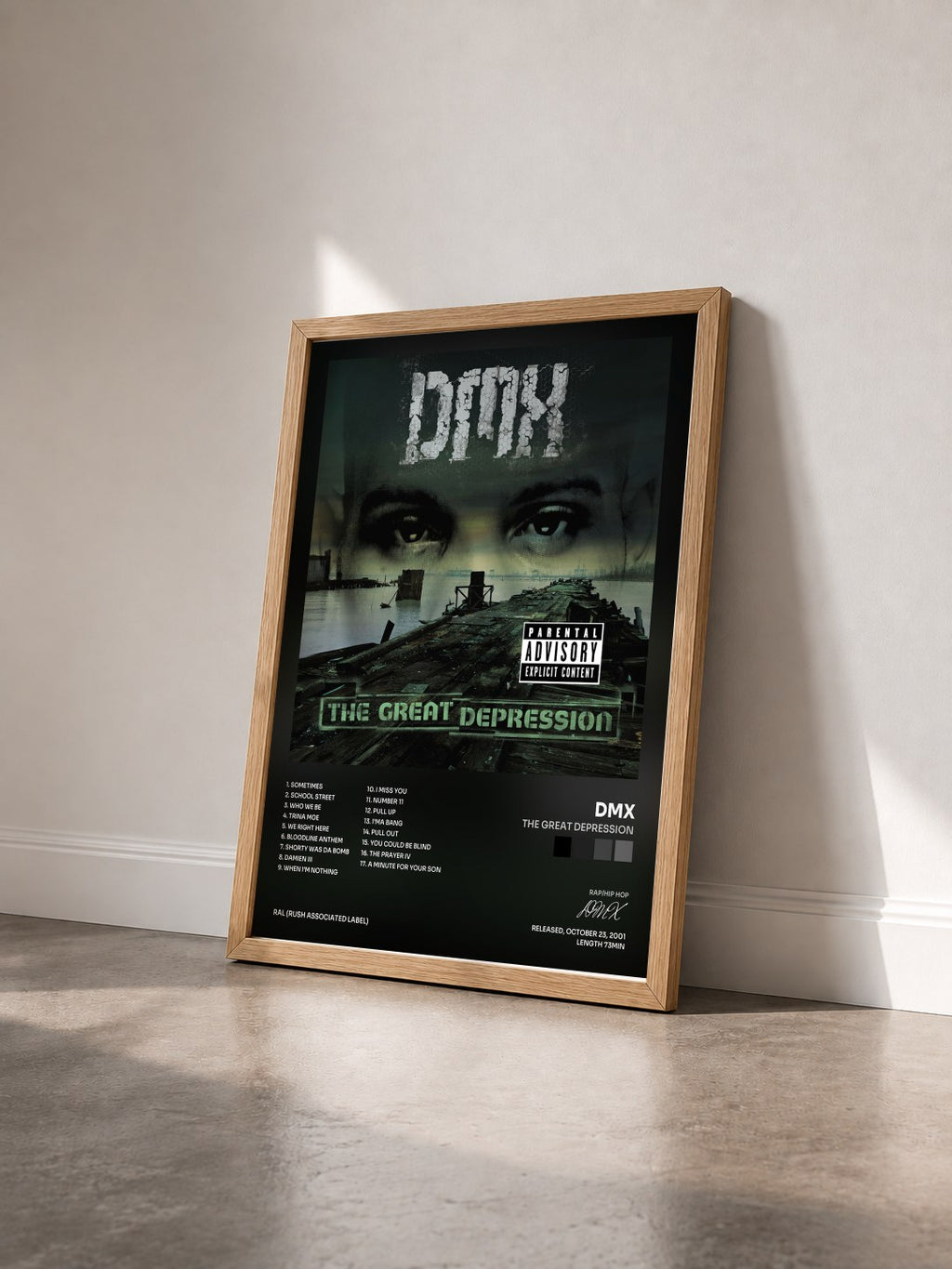 #bois Tableau de l'album The Great Depression de DMX vu de trois quarts, cadre en bois brut