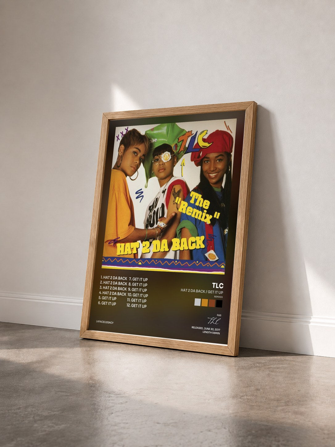 #bois Tableau de l'album Hat 2 Da Back / Get It Up (Remixes) de TLC vu de trois quarts, cadre en bois brut
