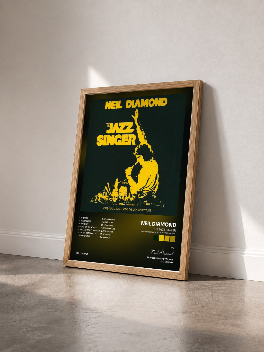 #bois Tableau de l'album The Jazz Singer (Original Songs From The Motion Picture) de Neil Diamond vu de trois quarts, cadre en bois brut