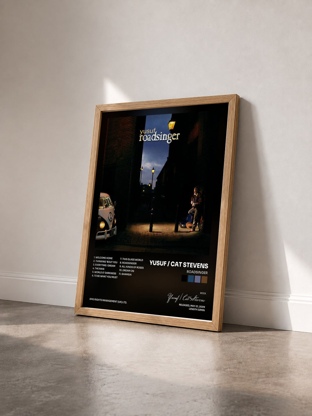 #bois Tableau de l'album Roadsinger de Yusuf / Cat Stevens vu de trois quarts, cadre en bois brut