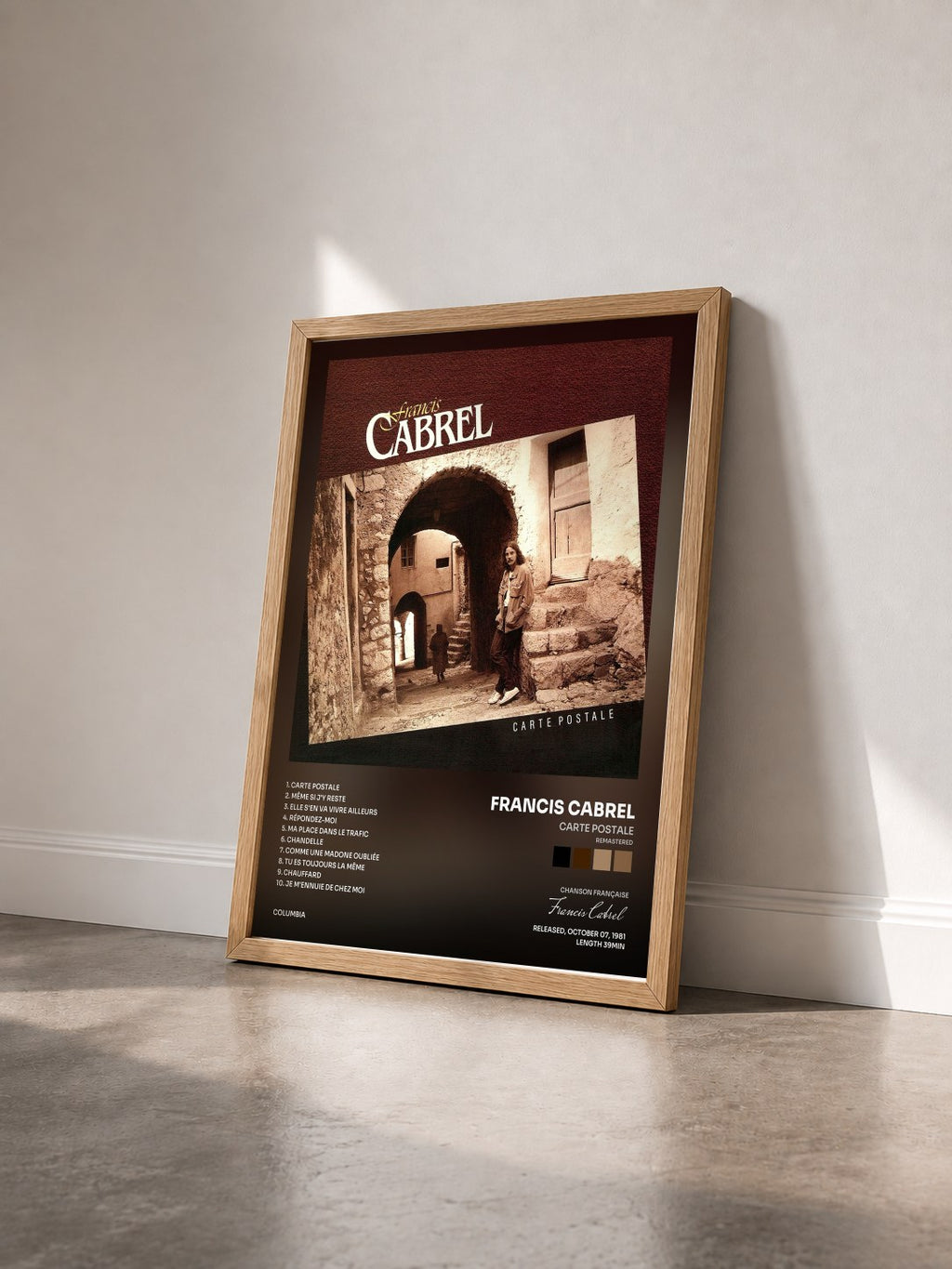 #bois Tableau de l'album Carte postale (Remastered) de Francis Cabrel vu de trois quarts, cadre en bois brut