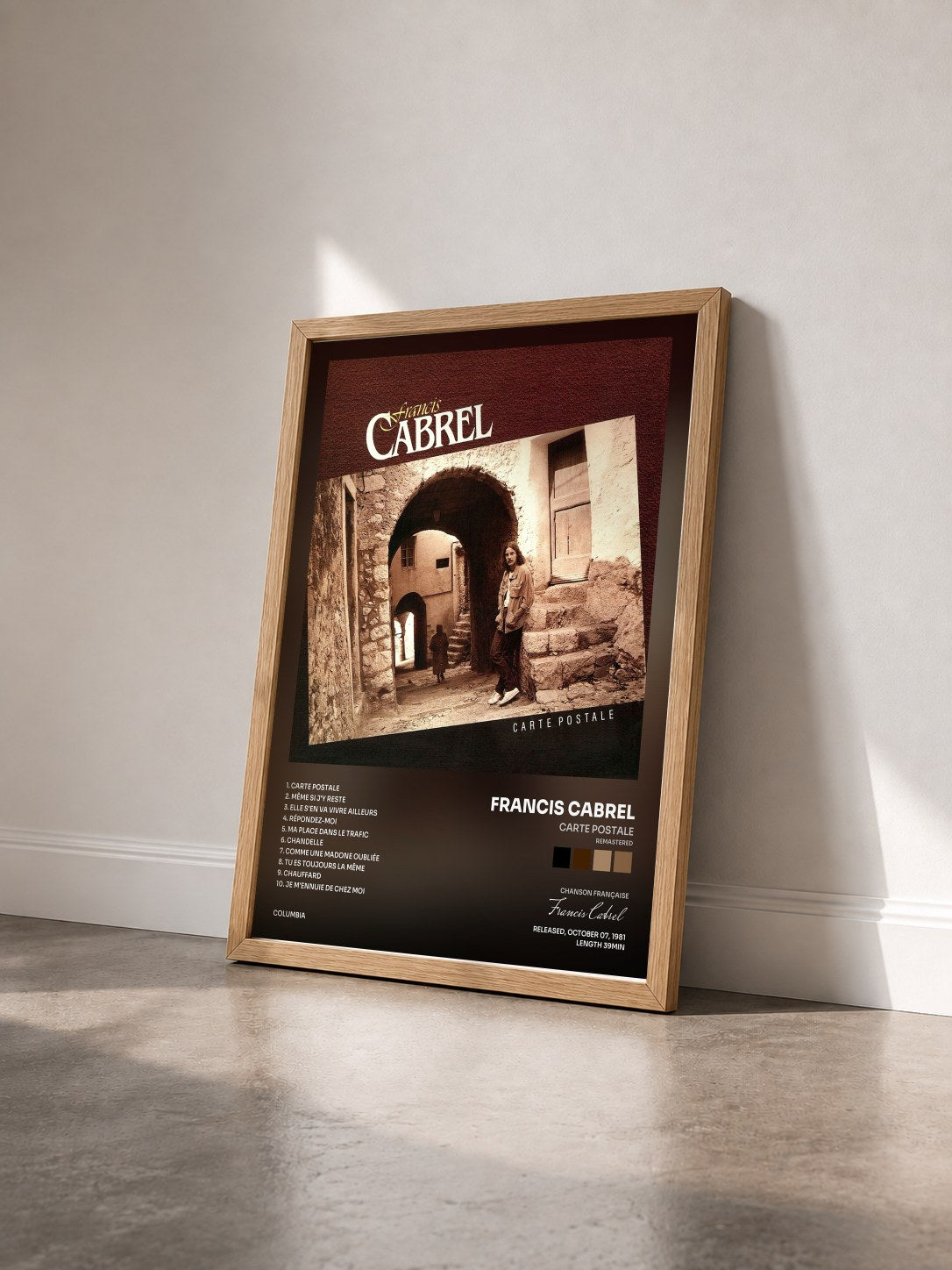 #bois Tableau de l'album Carte postale (Remastered) de Francis Cabrel vu de trois quarts, cadre en bois brut