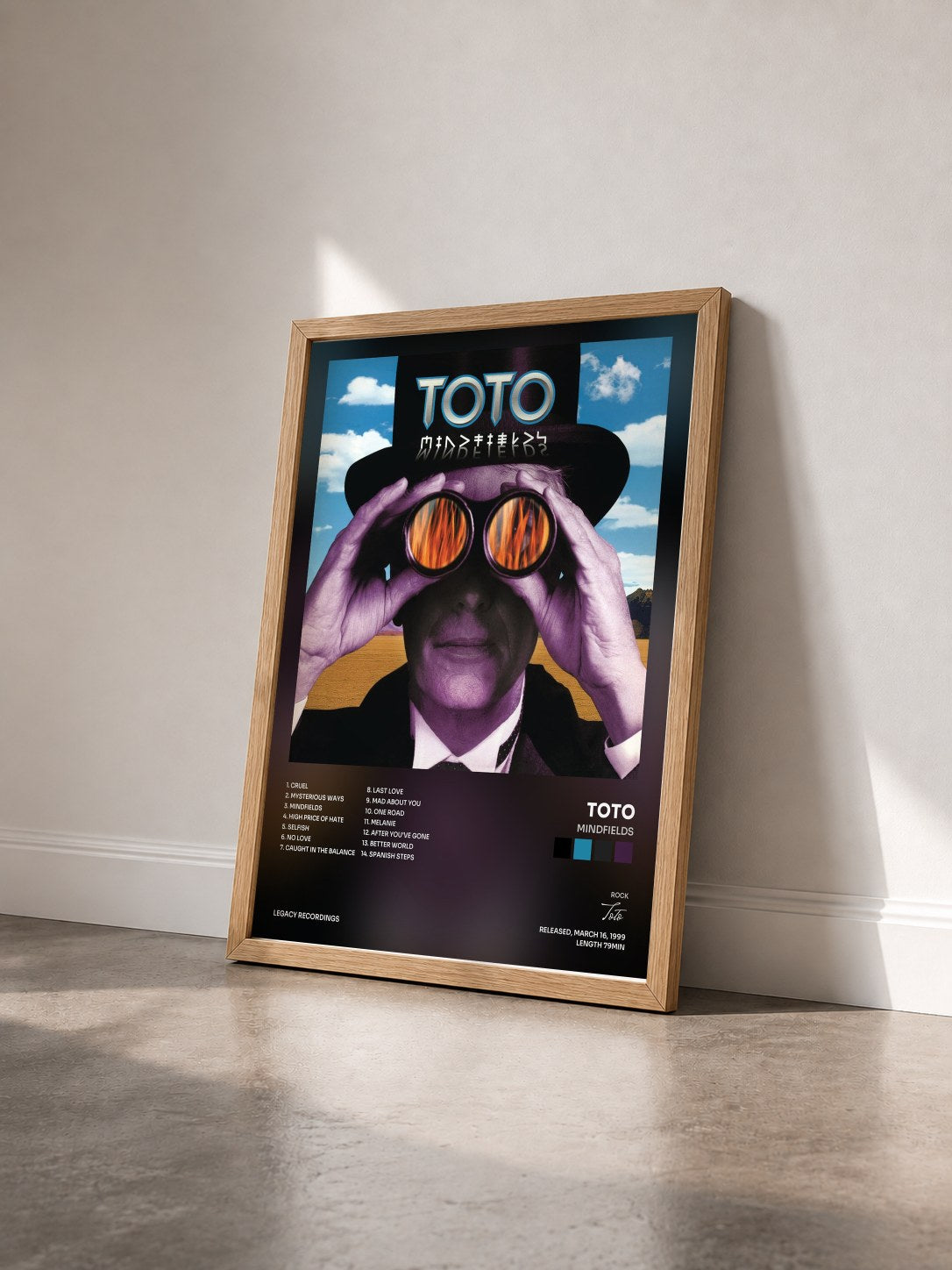 #bois Tableau de l'album Mindfields de Toto vu de trois quarts, cadre en bois brut