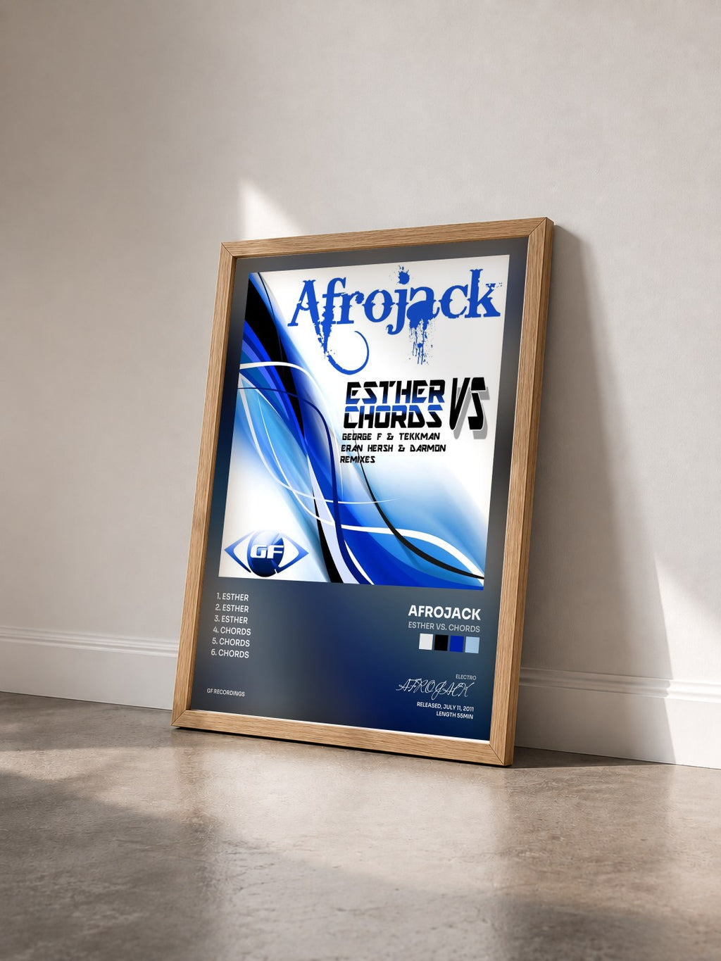 #bois Tableau de l'album Esther Vs. Chords de AFROJACK vu de trois quarts, cadre en bois brut