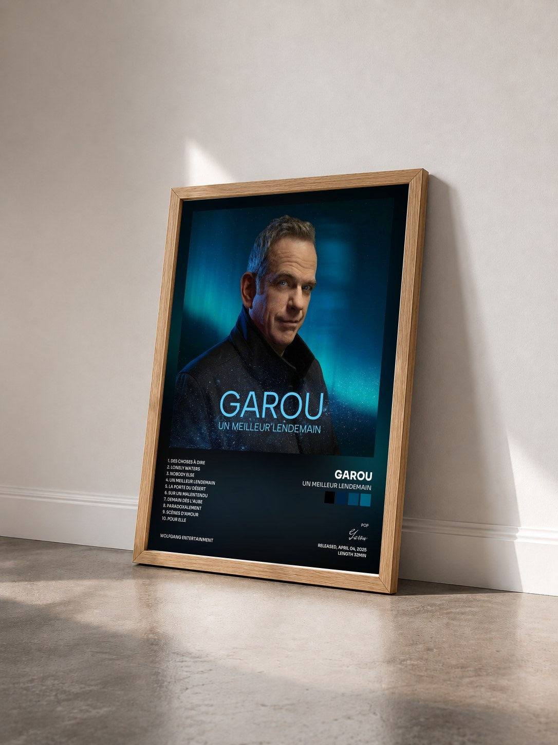 #bois Tableau de l'album Un meilleur lendemain de Garou vu de trois quarts, cadre en bois brut