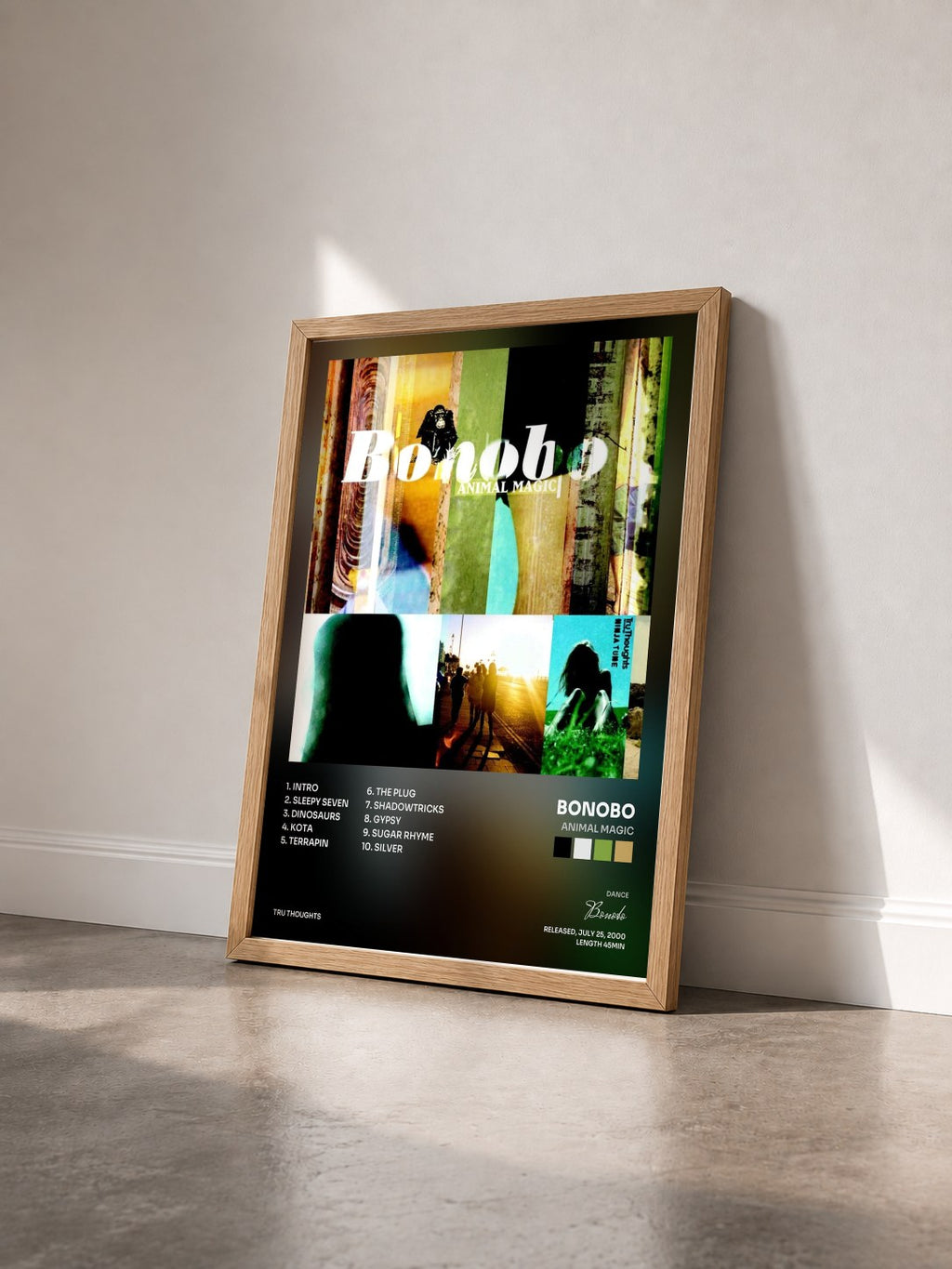 #bois Tableau de l'album Animal Magic de Bonobo vu de trois quarts, cadre en bois brut