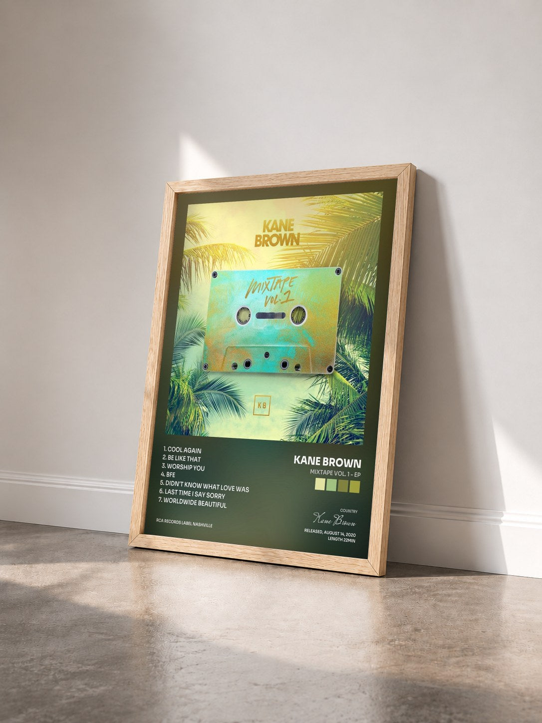 #bois Tableau de l'album Mixtape Vol. 1 - EP de Kane Brown vu de trois quarts, cadre en bois brut