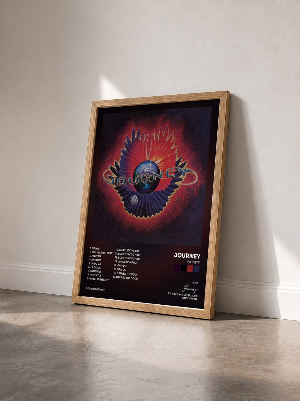 #bois Tableau de l'album Infinity de Journey vu de trois quarts, cadre en bois brut