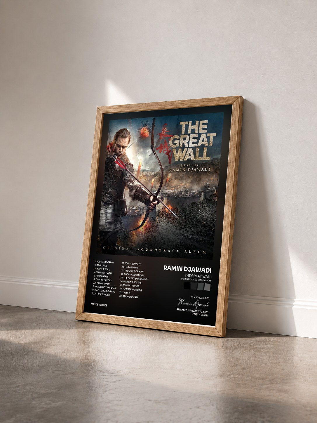 #bois Tableau de l'album The Great Wall (Original Soundtrack Album) de Ramin Djawadi vu de trois quarts, cadre en bois brut