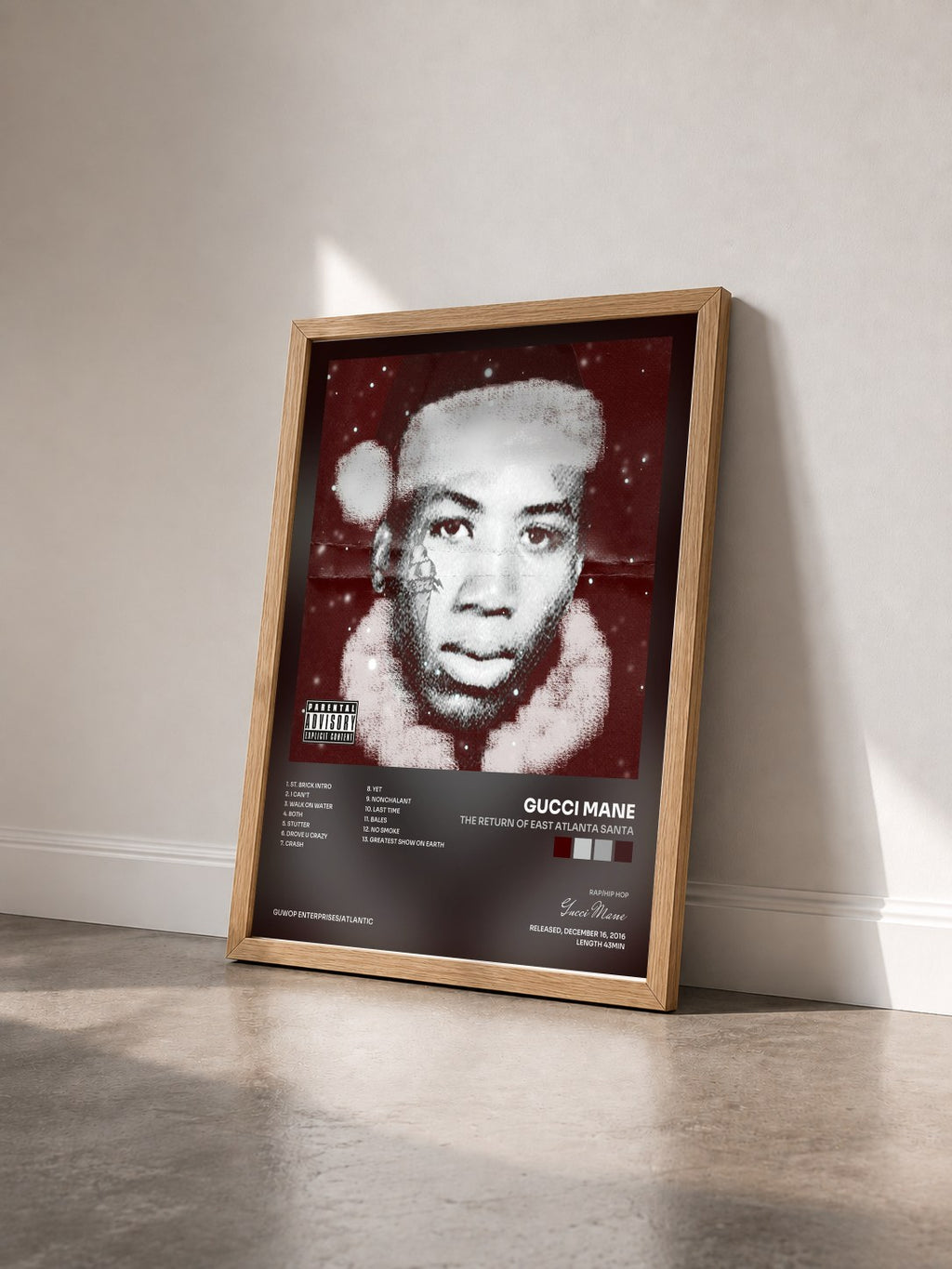 #bois Tableau de l'album The Return of East Atlanta Santa de Gucci Mane vu de trois quarts, cadre en bois brut