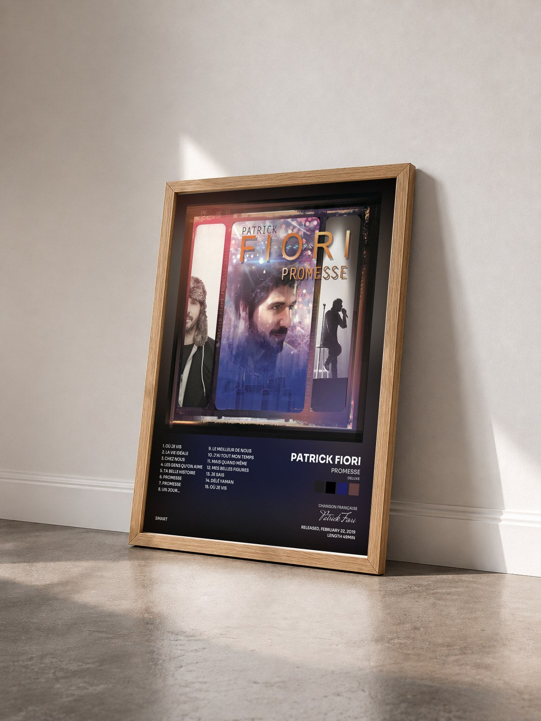 #bois Tableau de l'album Promesse (Deluxe) de Patrick Fiori vu de trois quarts, cadre en bois brut