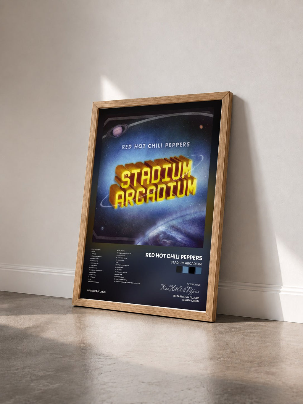 #bois Tableau de l'album Stadium Arcadium de Red Hot Chili Peppers vu de trois quarts, cadre en bois brut