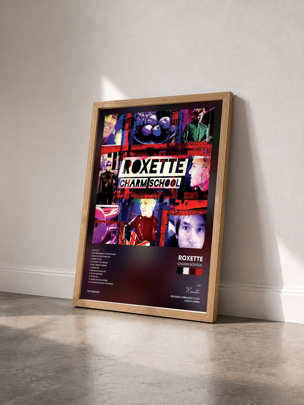 #bois Tableau de l'album Charm School de Roxette vu de trois quarts, cadre en bois brut