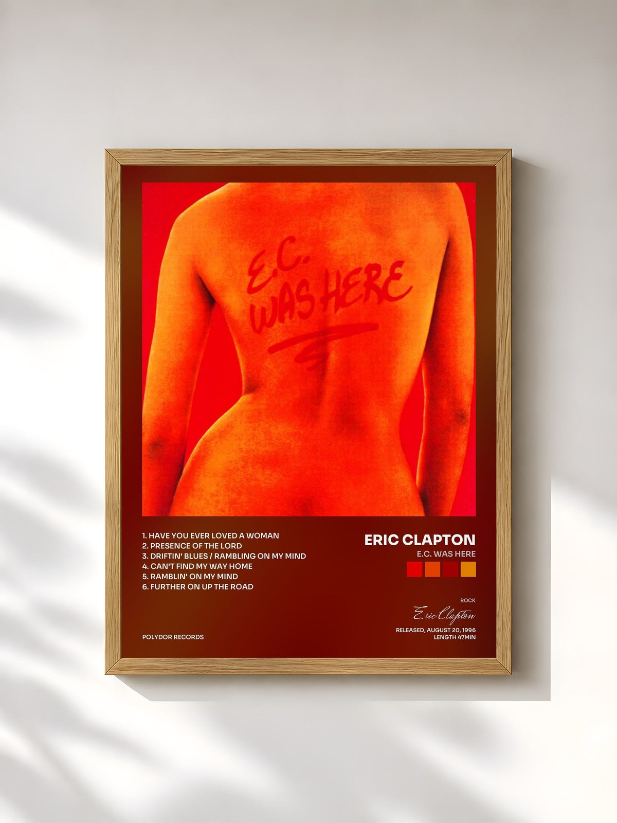 #bois Tableau de l'album E.C. Was Here de Eric Clapton, cadre en bois brut, imprimé et encadré en France