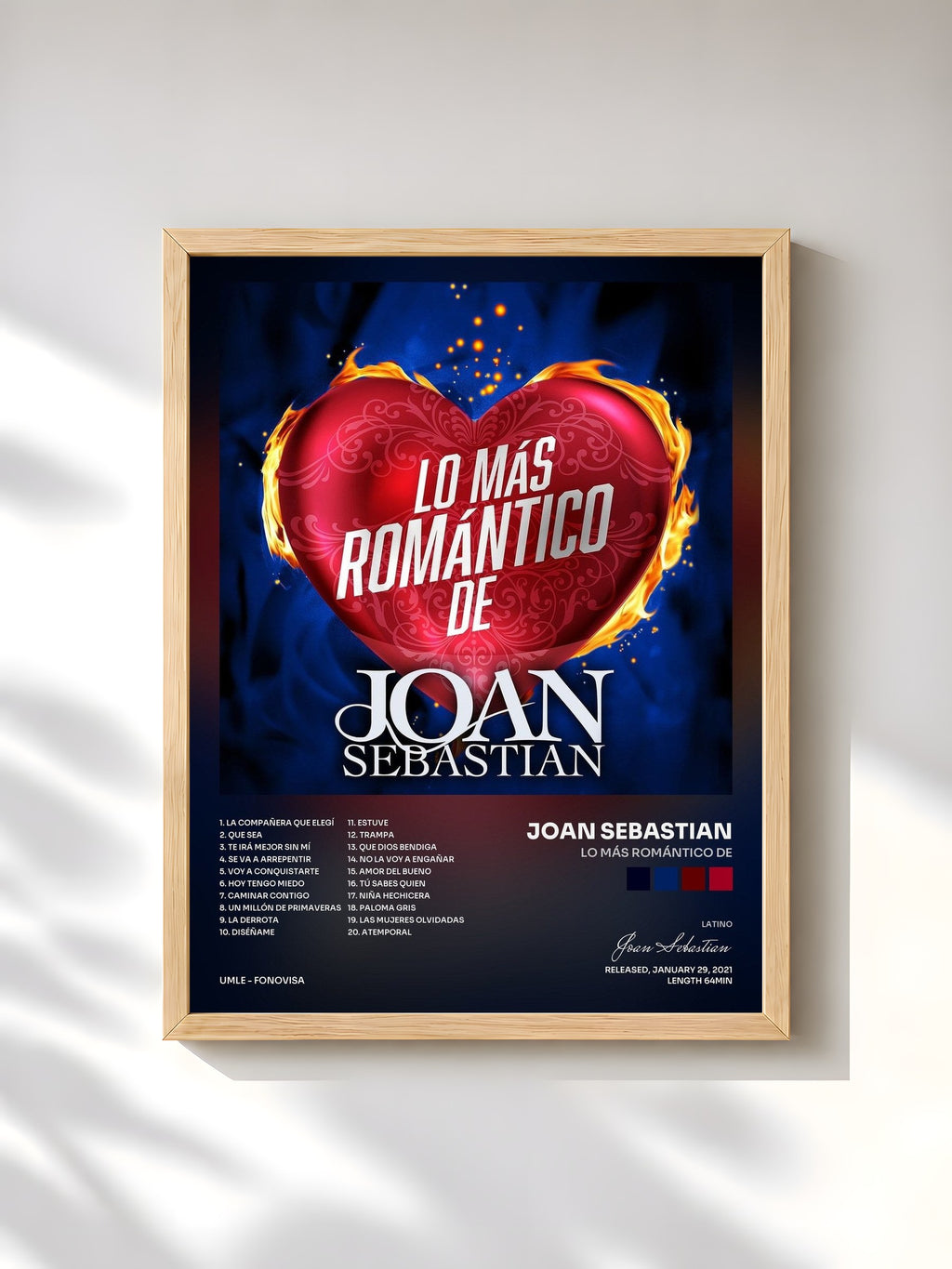 #bois Tableau de l'album Lo Más Romántico De de Joan Sebastian, cadre en bois brut, imprimé et encadré en France
