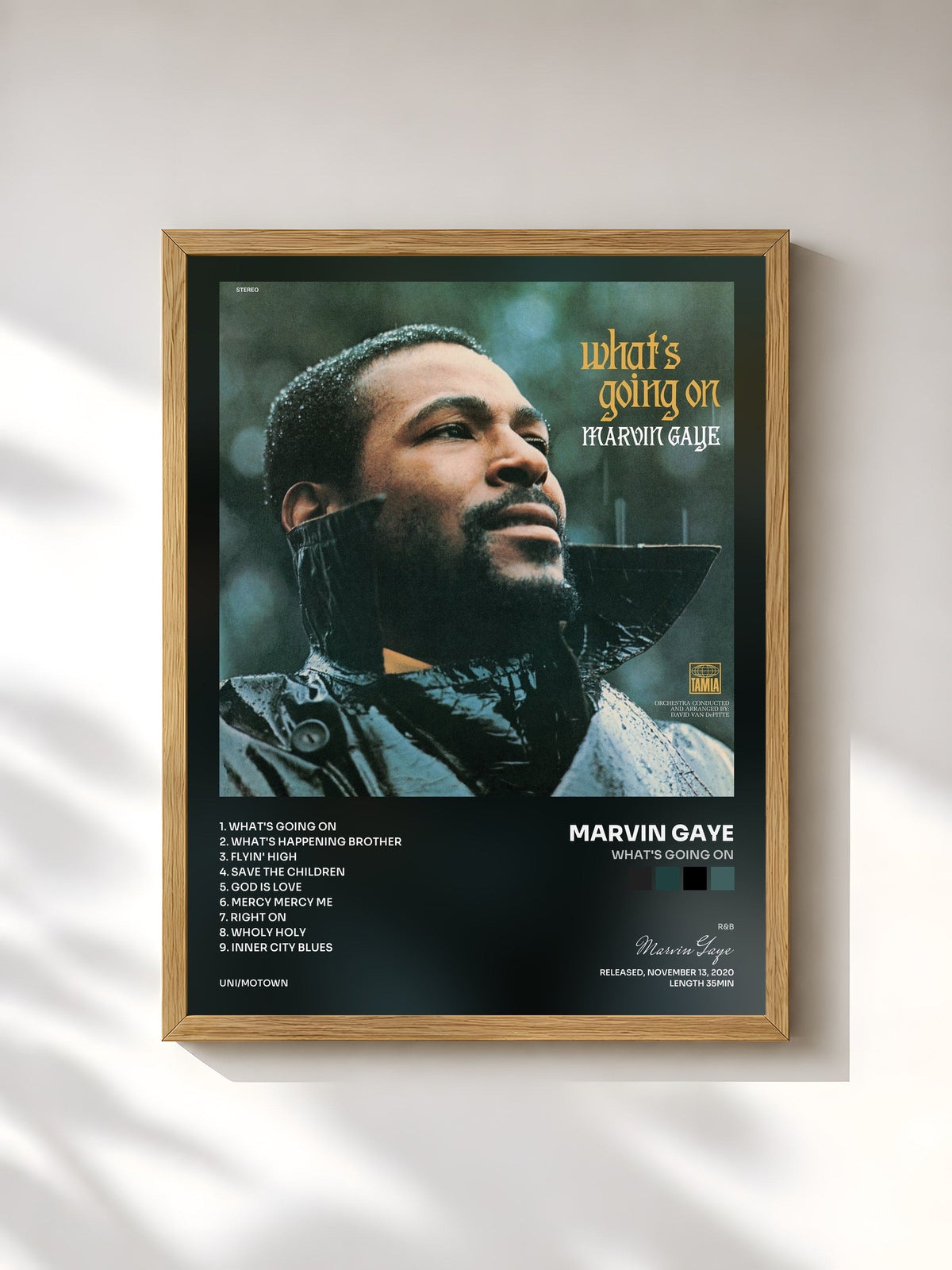 #bois Tableau de l'album What's Going On de Marvin Gaye, cadre en bois brut, imprimé et encadré en France
