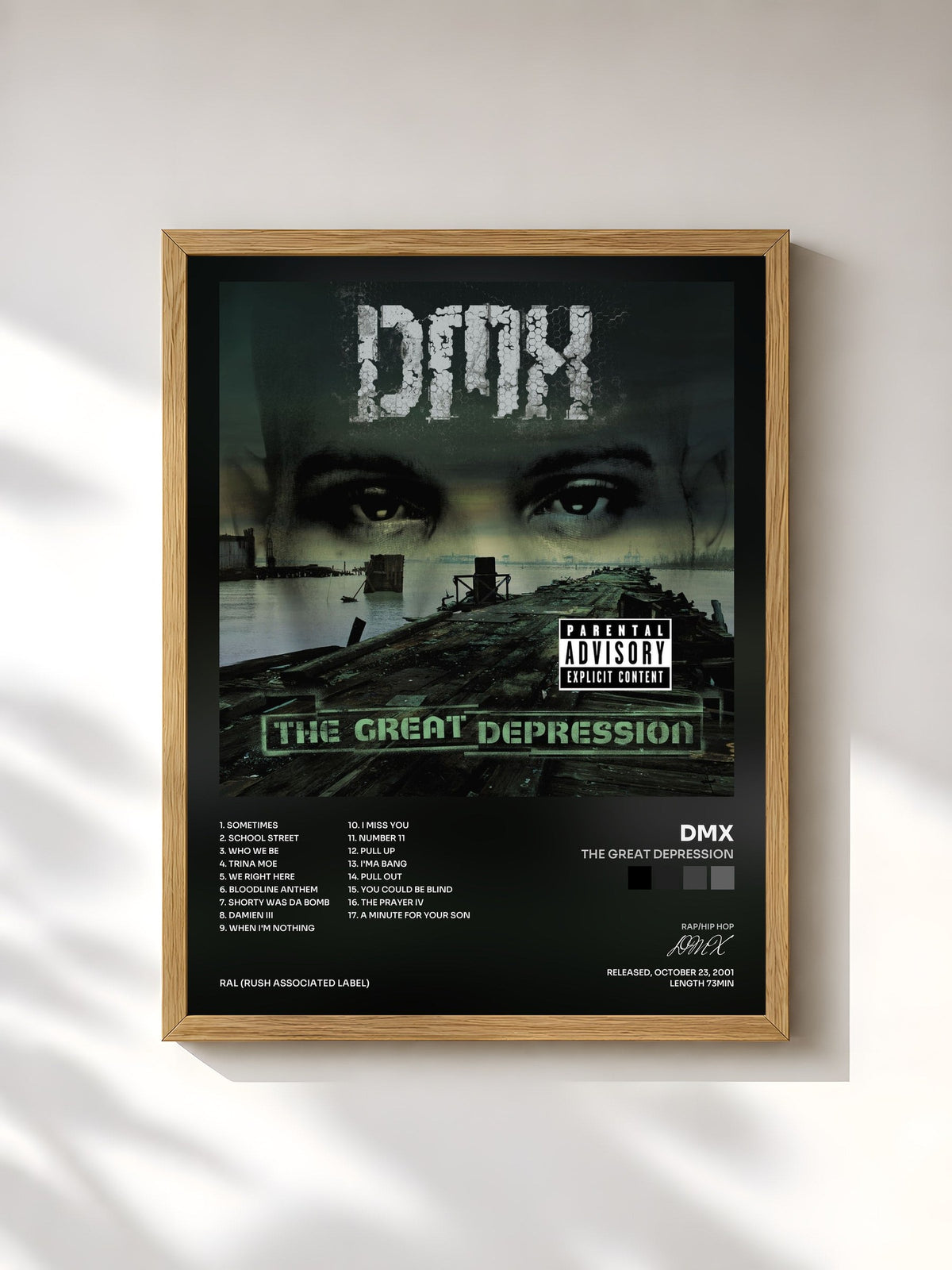 #bois Tableau de l'album The Great Depression de DMX, cadre en bois brut, imprimé et encadré en France