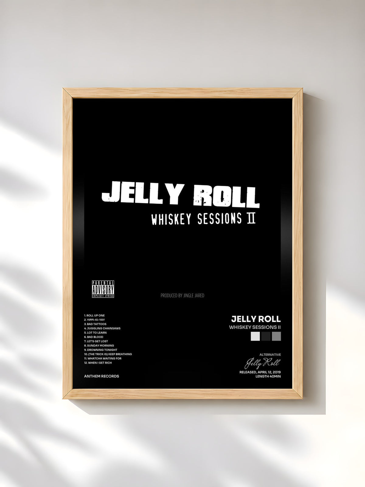 #bois Tableau de l'album Whiskey Sessions II de Jelly Roll, cadre en bois brut, imprimé et encadré en France