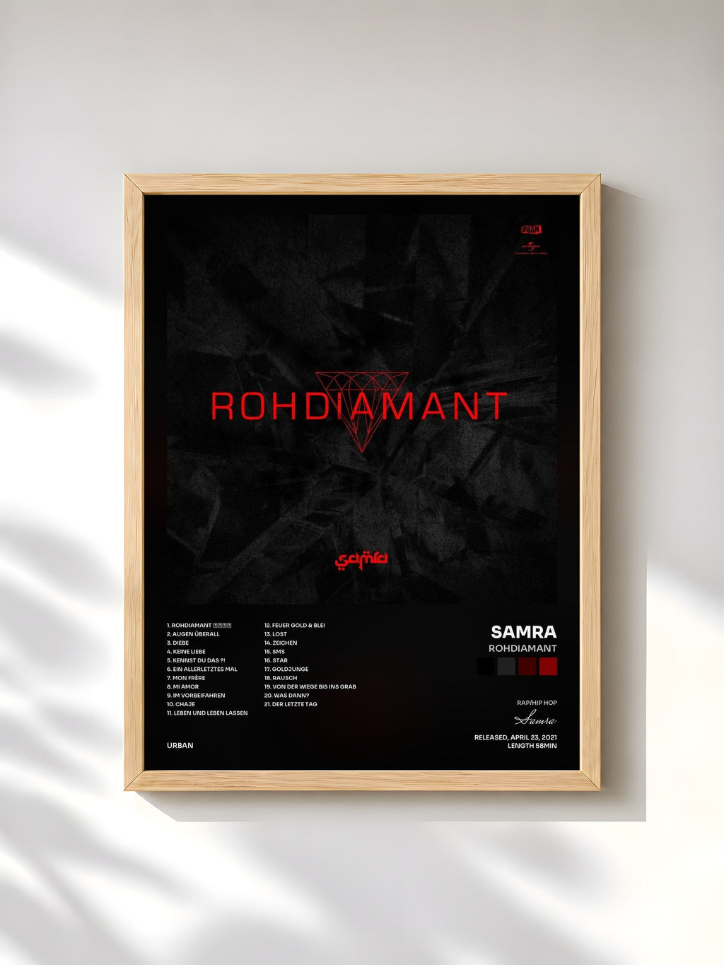 #bois Tableau de l'album Rohdiamant de Samra, cadre en bois brut, imprimé et encadré en France