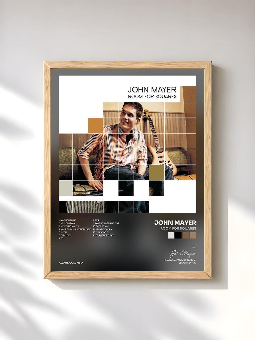 #bois Tableau de l'album Room For Squares de John Mayer, cadre en bois brut, imprimé et encadré en France