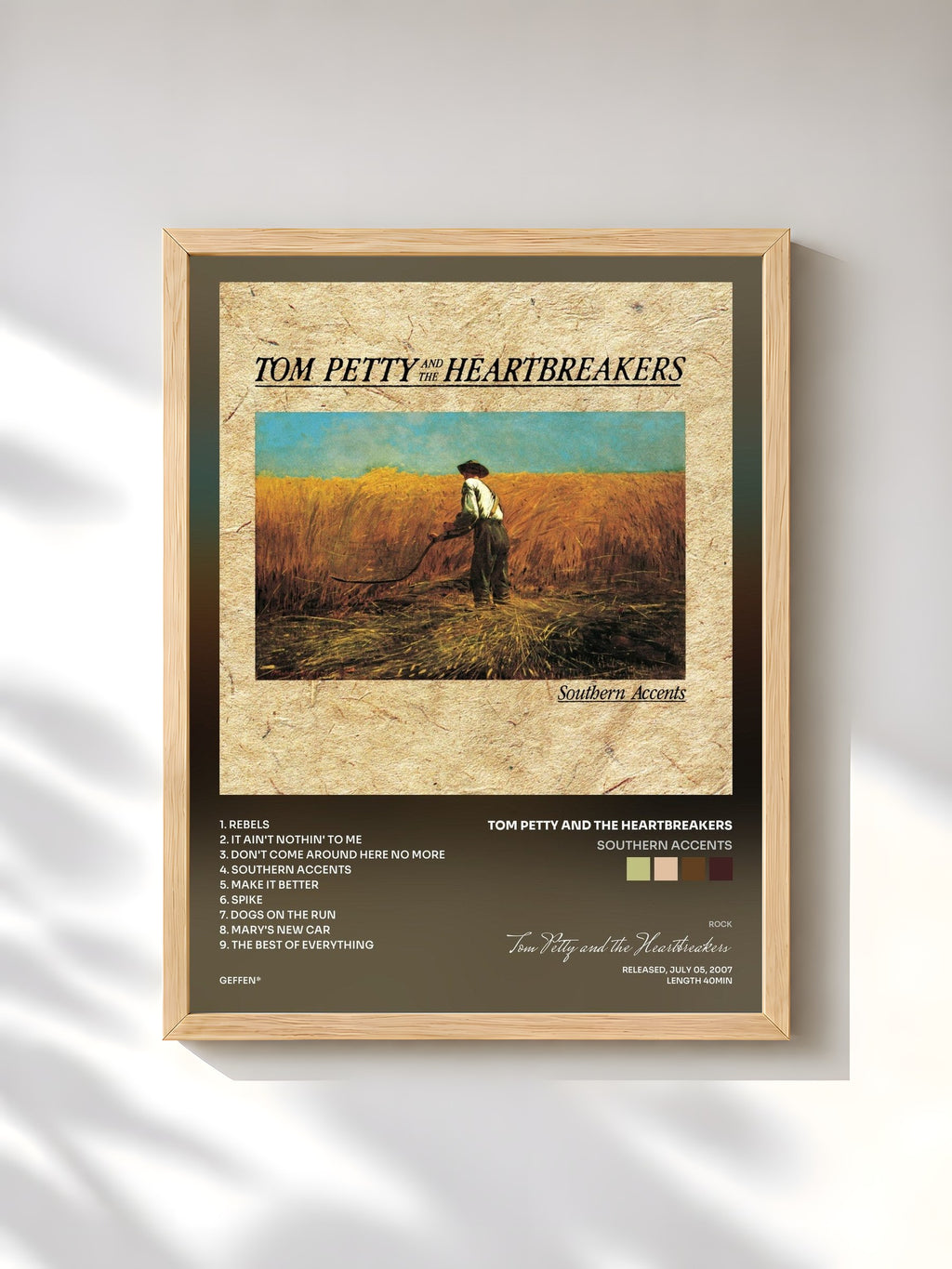 #bois Tableau de l'album Southern Accents de Tom Petty and the Heartbreakers, cadre en bois brut, imprimé et encadré en France