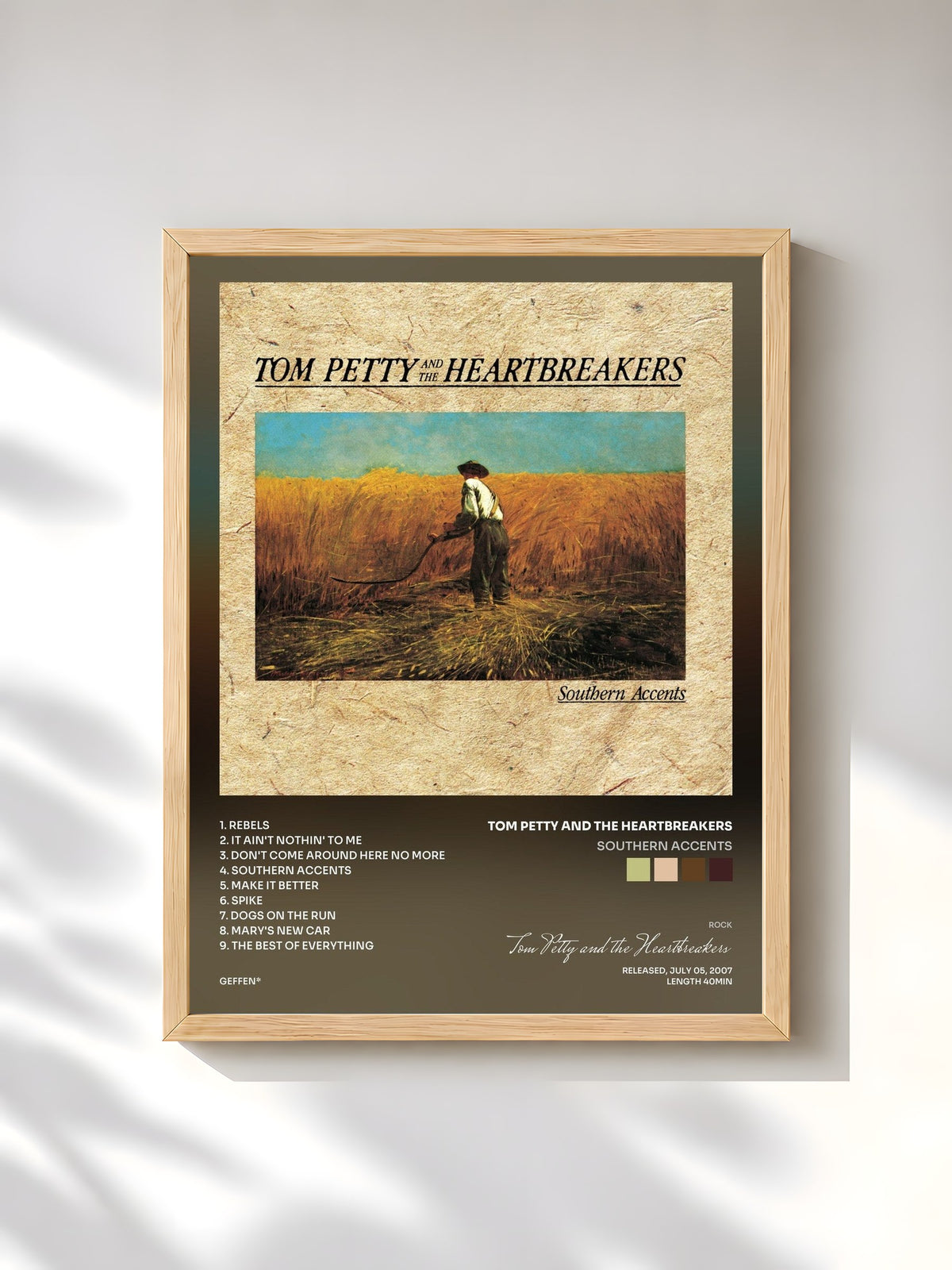 #bois Tableau de l'album Southern Accents de Tom Petty and the Heartbreakers, cadre en bois brut, imprimé et encadré en France