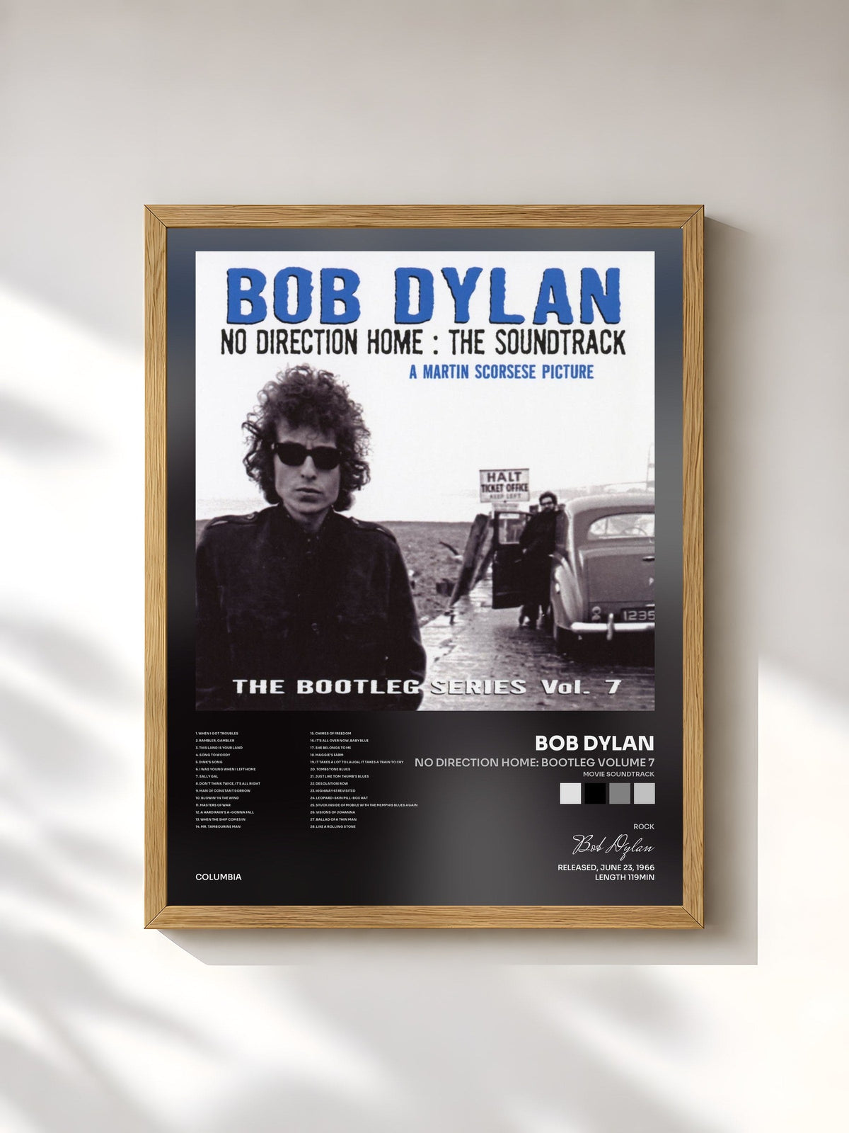 #bois Tableau de l'album No Direction Home: Bootleg Volume 7 (Movie Soundtrack) de Bob Dylan, cadre en bois brut, imprimé et encadré en France