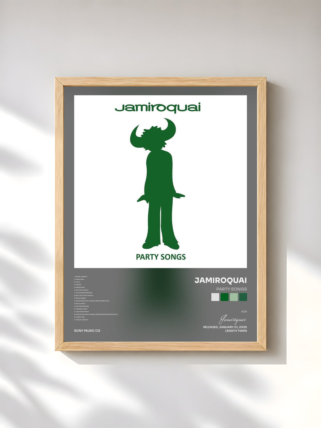#bois Tableau de l'album Party Songs de Jamiroquai, cadre en bois brut, imprimé et encadré en France
