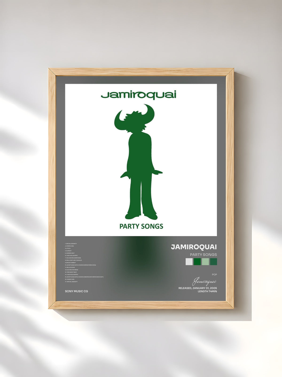 #bois Tableau de l'album Party Songs de Jamiroquai, cadre en bois brut, imprimé et encadré en France