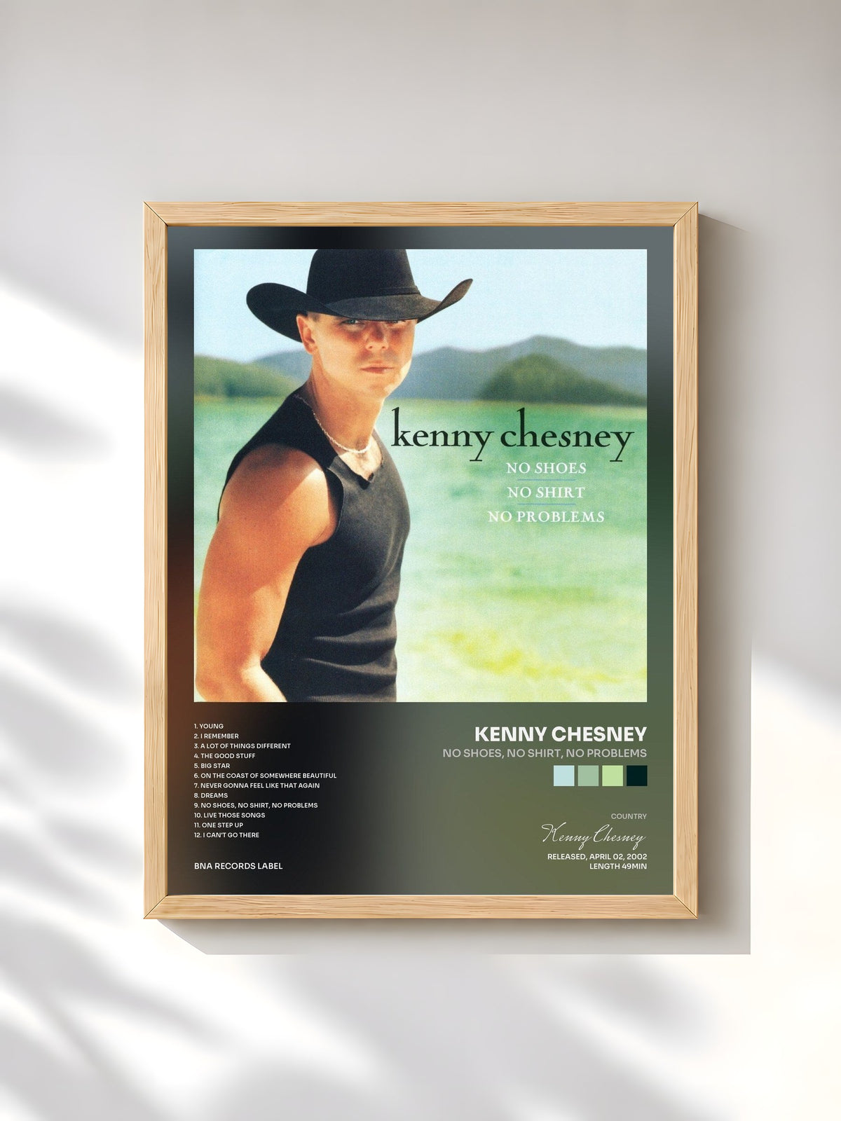 #bois Tableau de l'album No Shoes, No Shirt, No Problems de Kenny Chesney, cadre en bois brut, imprimé et encadré en France