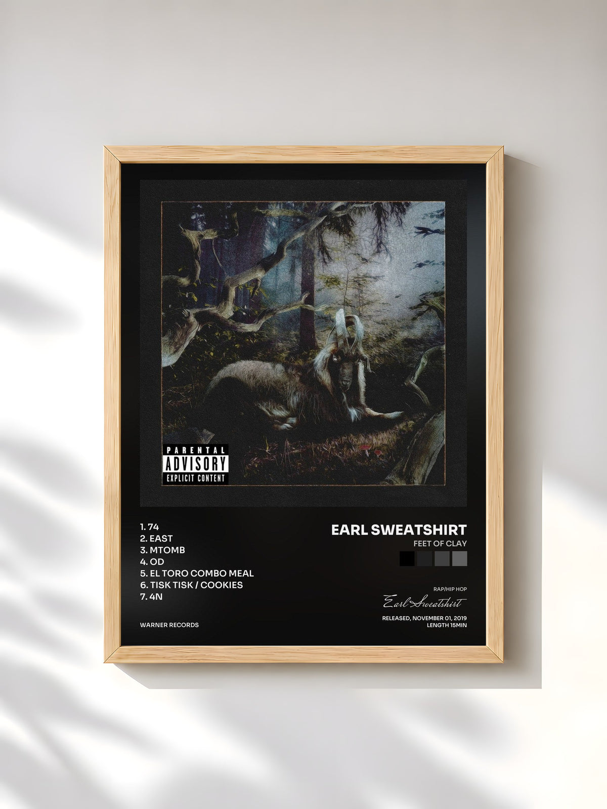 #bois Tableau de l'album FEET OF CLAY de Earl Sweatshirt, cadre en bois brut, imprimé et encadré en France