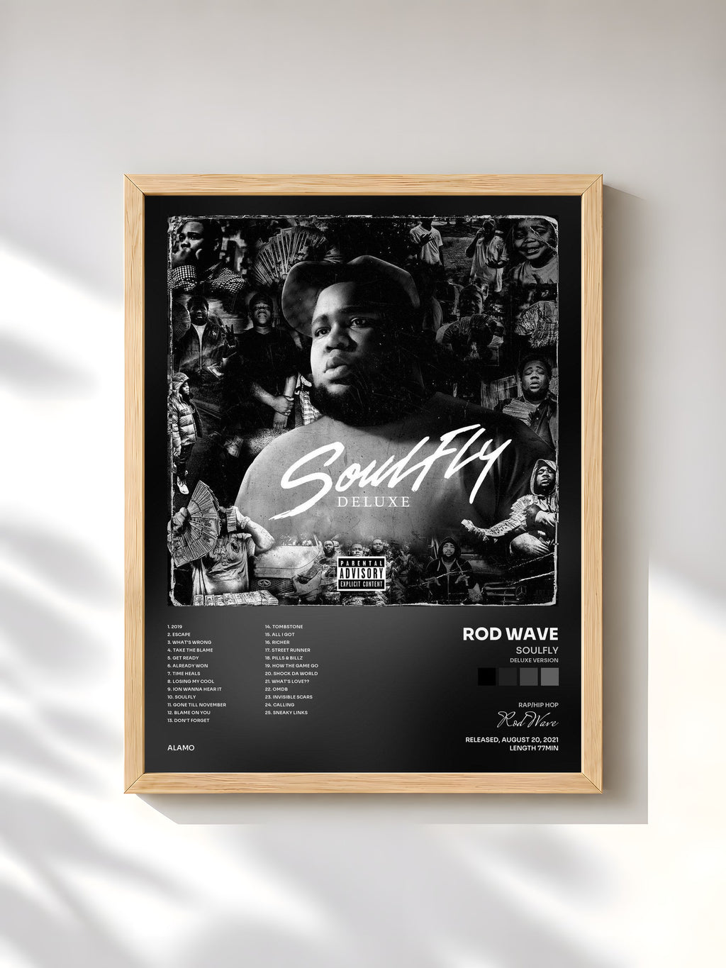 #bois Tableau de l'album SoulFly (Deluxe Version) de Rod Wave, cadre en bois brut, imprimé et encadré en France