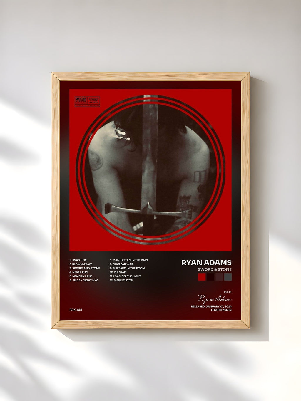 #bois Tableau de l'album Sword & Stone de Ryan Adams, cadre en bois brut, imprimé et encadré en France