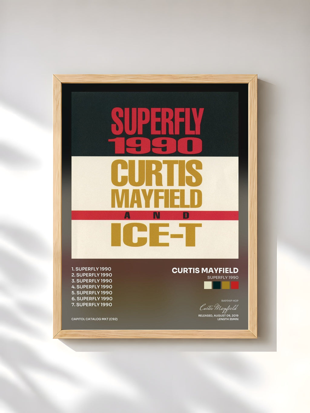 #bois Tableau de l'album Superfly 1990 de Curtis Mayfield, cadre en bois brut, imprimé et encadré en France