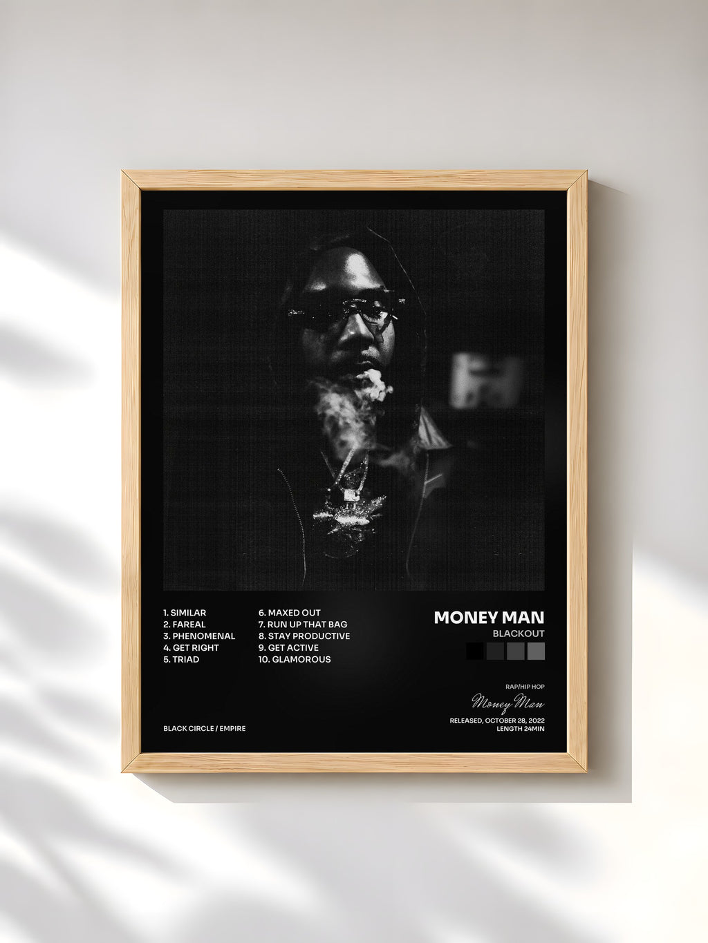 #bois Tableau de l'album Blackout de Money Man, cadre en bois brut, imprimé et encadré en France