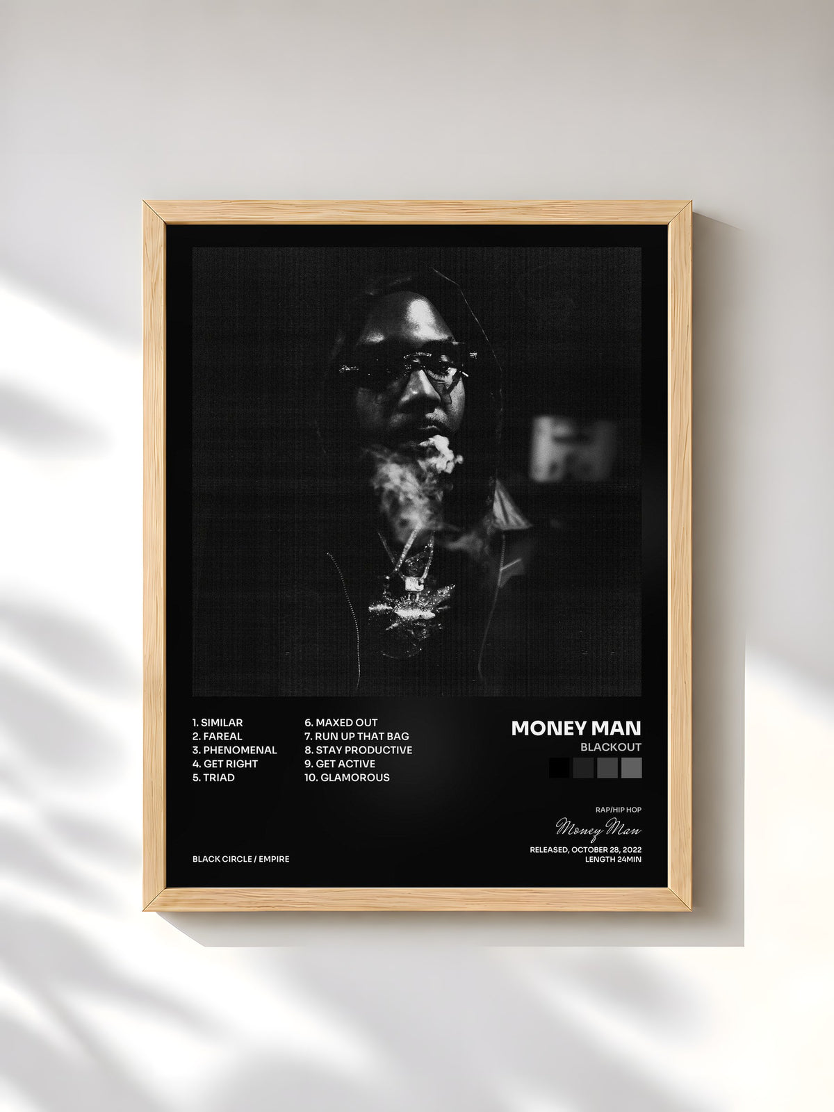 #bois Tableau de l'album Blackout de Money Man, cadre en bois brut, imprimé et encadré en France