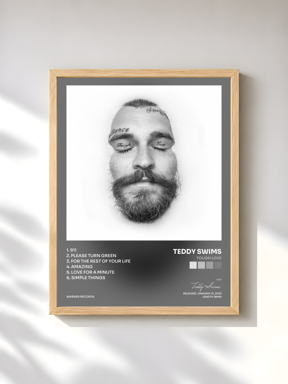 #bois Tableau de l'album Tough Love de Teddy Swims, cadre en bois brut, imprimé et encadré en France