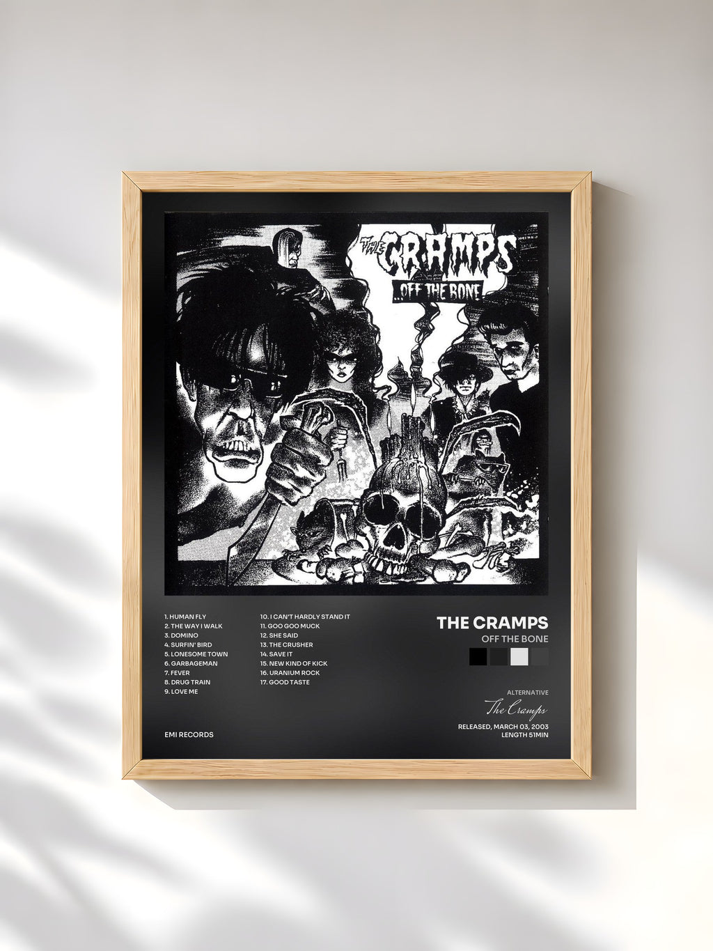 #bois Tableau de l'album Off The Bone de The Cramps, cadre en bois brut, imprimé et encadré en France