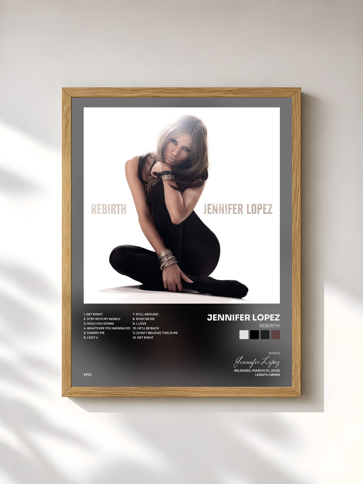 #bois Tableau de l'album Rebirth de Jennifer Lopez, cadre en bois brut, imprimé et encadré en France