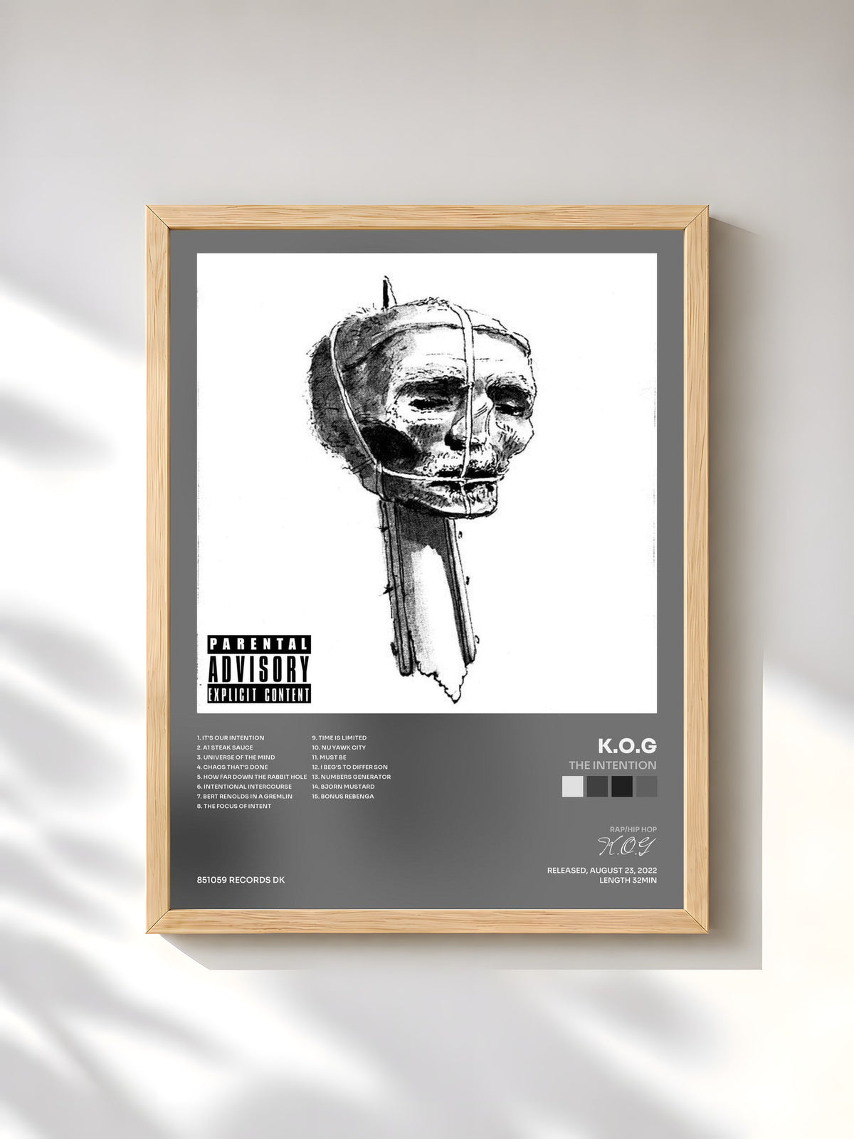 #bois Tableau de l'album The Intention de K.O.G, cadre en bois brut, imprimé et encadré en France