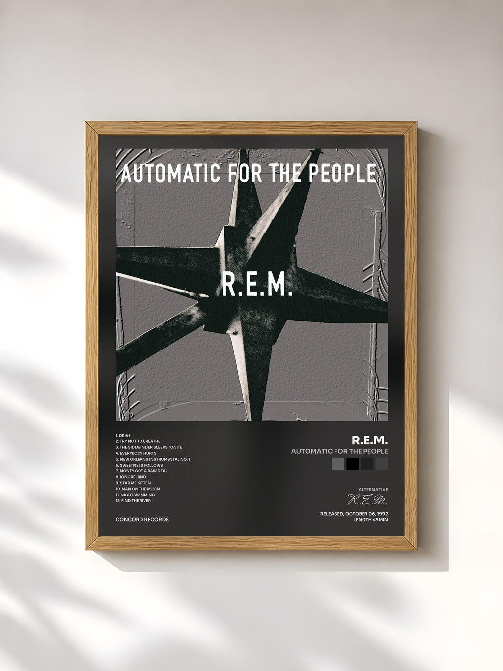 #bois Tableau de l'album Automatic For The People de R.E.M., cadre en bois brut, imprimé et encadré en France