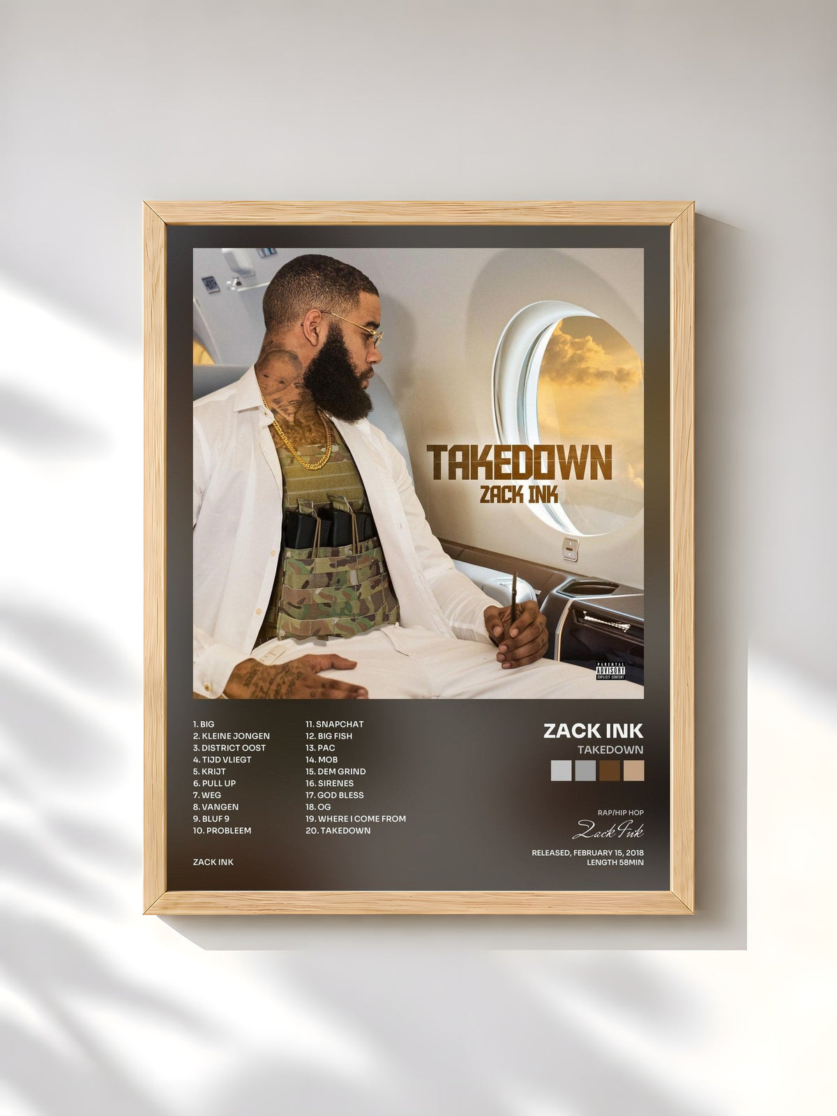 #bois Tableau de l'album Takedown de Zack Ink, cadre en bois brut, imprimé et encadré en France
