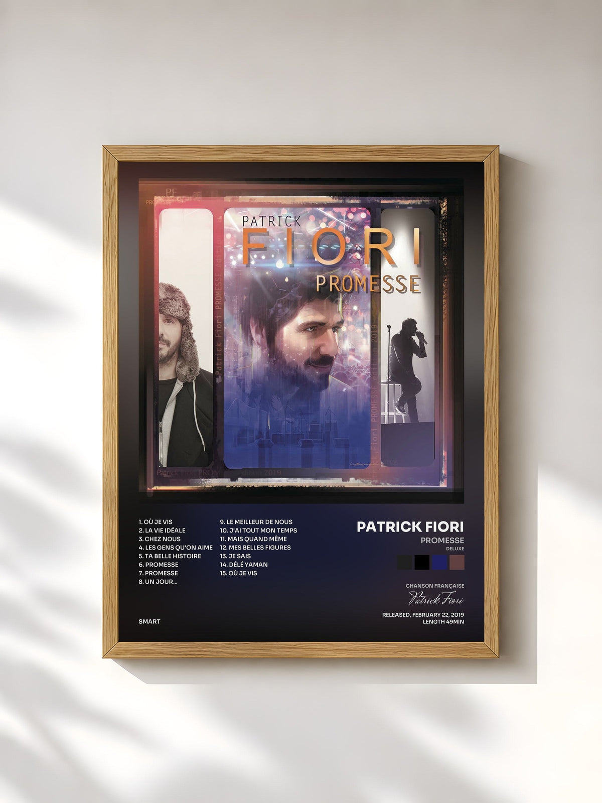 #bois Tableau de l'album Promesse (Deluxe) de Patrick Fiori, cadre en bois brut, imprimé et encadré en France