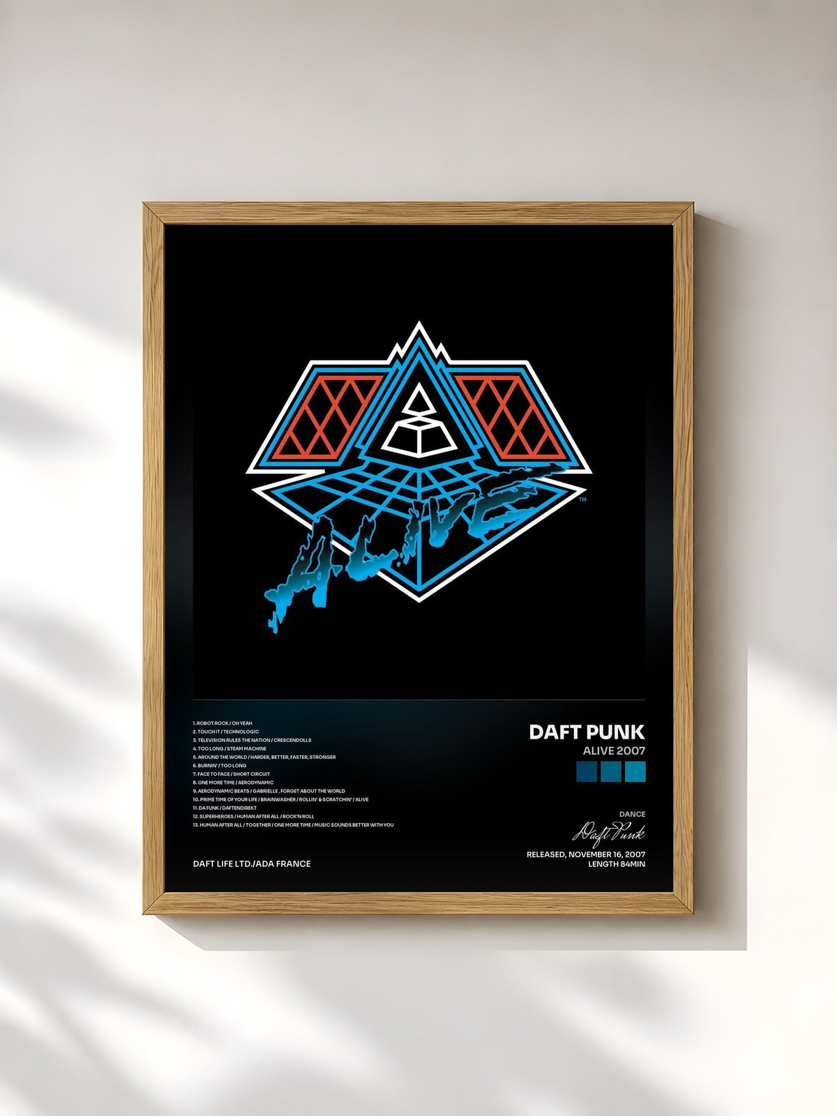 #bois Tableau de l'album Alive 2007 de Daft Punk, cadre en bois brut, imprimé et encadré en France