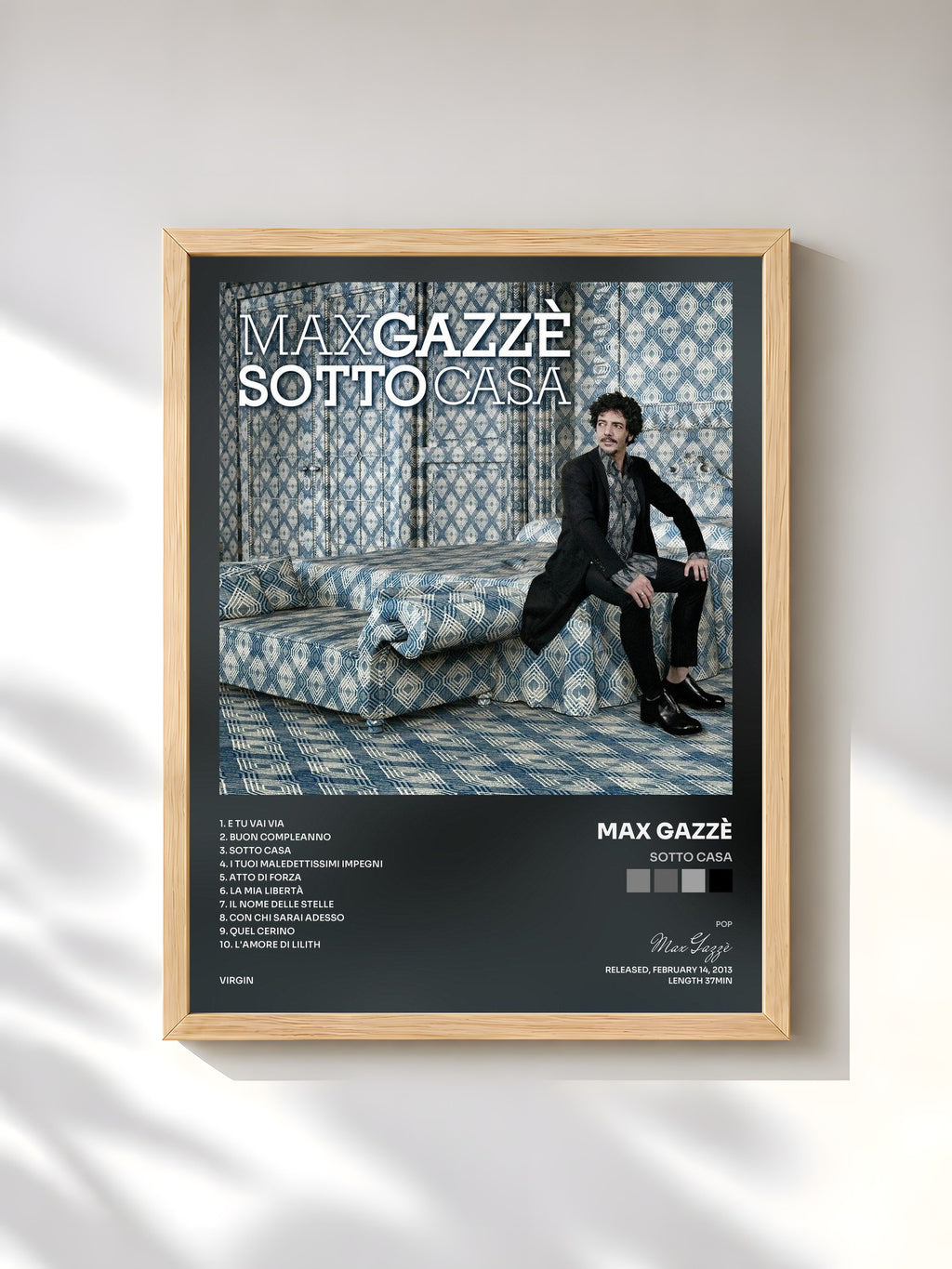 #bois Tableau de l'album Sotto Casa de Max Gazzè, cadre en bois brut, imprimé et encadré en France